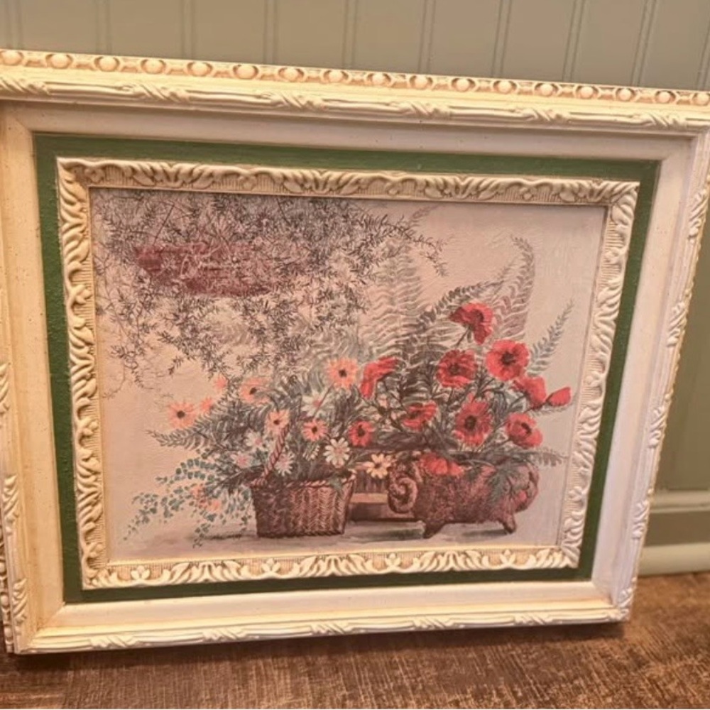 Vintage MCM Floral Still Life in Ornate Frame 1970s